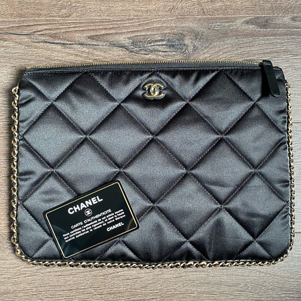 Chanel Black Silk Quilted Clutch with Gold Chain Details